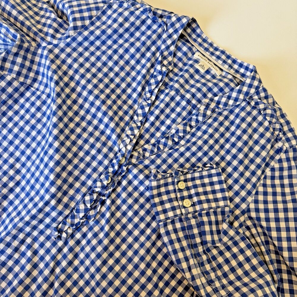 Banana Republic Ruffle Popover Tunic Women's L Blue Gingham Long Sleeve Coastal